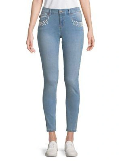 Karl Lagerfeld Faux Pearl Embellished Skinny Jeans In Beach Blue