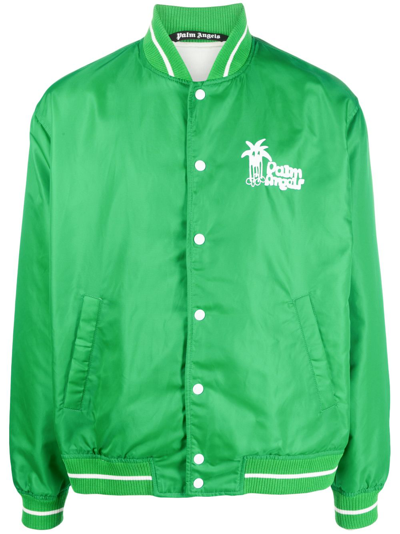 Palm Angels Logo Printed Bomber Jacket In Green,white