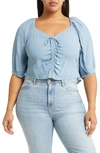Open Edit Tie Front Puff Sleeve Blouse In Blue Chambray