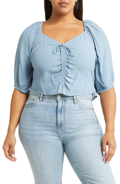 Open Edit Tie Front Puff Sleeve Blouse In Blue Chambray