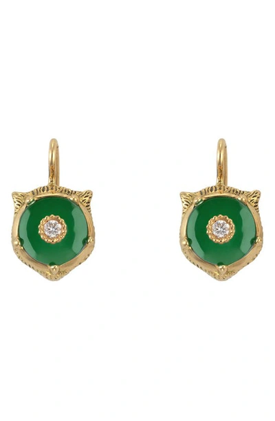 Gucci 18k Yellow Gold Le Marché Des Merveilles Jade & Diamond Feline Drop Earrings In Yellow Gold/ Green Jade