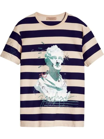 Burberry Bust Print Striped Cotton T-shirt In Off White/navy