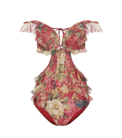 Zimmermann Melody Frill Off-the-shoulder Floral-print Swimsuit In Multicolor