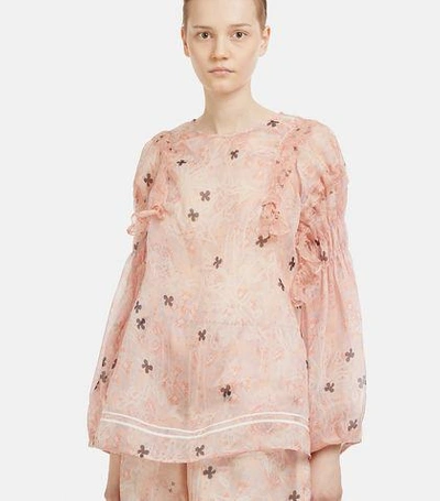 Renli Su Oversized Semi-sheer Silk Ruffle Blouse In Pink