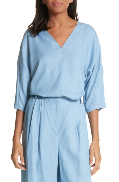 Tibi V-neck 3/4-sleeve Chambray Top In Light Denim