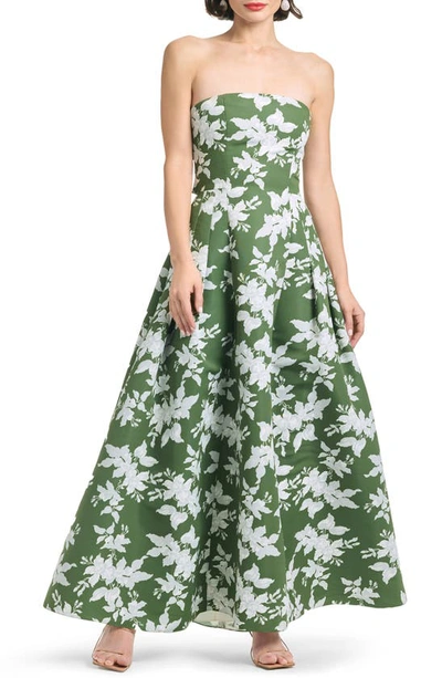 Sachin & Babi Margaux Pleated Floral-print Strapless Gown In Green Narcissus