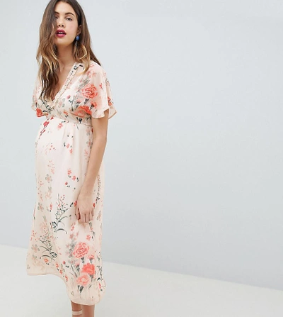 Queen Bee Fluted Sleeve Midi Dress In Floral Print-multi