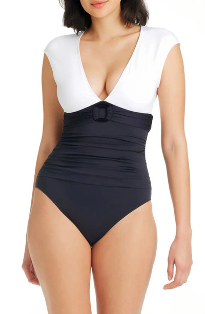 Bleu By Rod Beattie Graphic Measures Cap Sleeve One-piece Swimsuit In Black/white