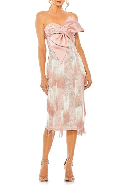 Mac Duggal Bow Front Strapless Fringe Midi Dress In Rose
