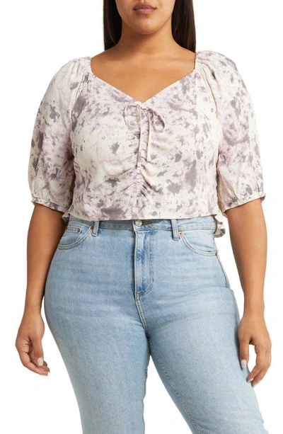 Open Edit Tie Front Puff Sleeve Blouse In Ivory- Grey Q Campy Dye