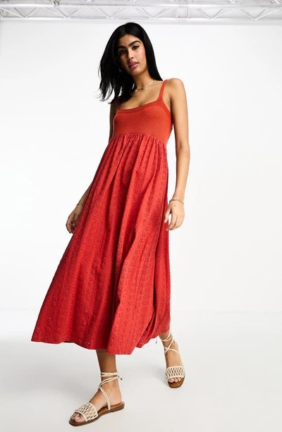 Asos Design Broderie And Knit Mix Strappy Midi Dress In Chili Red