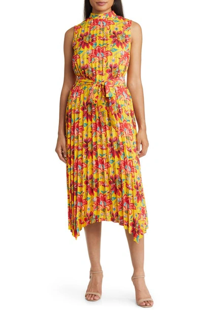 Tahari Asl Floral Print Pleat Tie Waist Midi Dress In Mustard