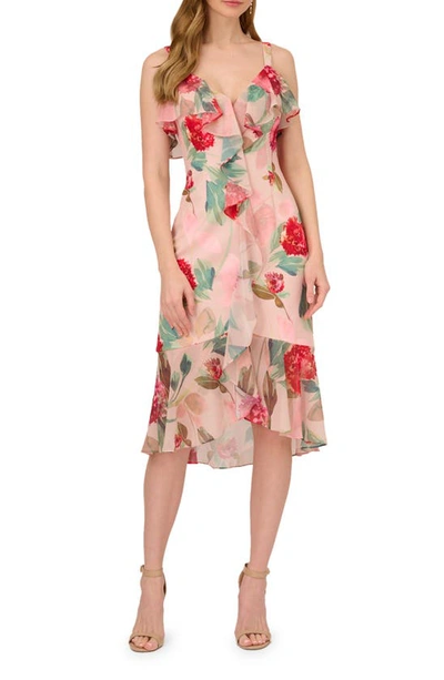 Adrianna Papell Floral Print Ruffle Chiffon Dress In Pink Cinnamon Multi