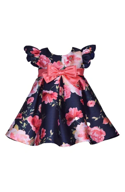 Gerson & Gerson Babies' Floral Ruffle Party Dress In Navy