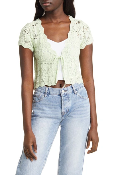 Bp. Pointelle Tie Front Short Sleeve Cardigan In Green Gleam