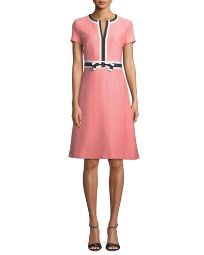 Escada Short-sleeve Fit-and-flare Tweed Dress W/ Grosgrain Bow In Coral