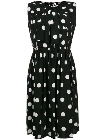 Marc Jacobs Sleeveless Medium Dot-print Silk Dress W/ Bow In Black White