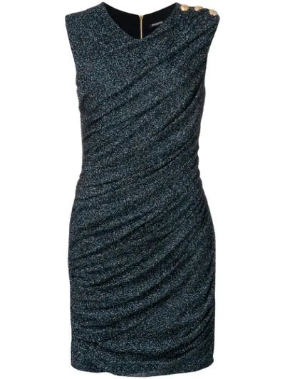 Balmain Sleeveless Draped Metallic Body-con Cocktail Dress W/ Shoulder Button In 5119c Noir Argent