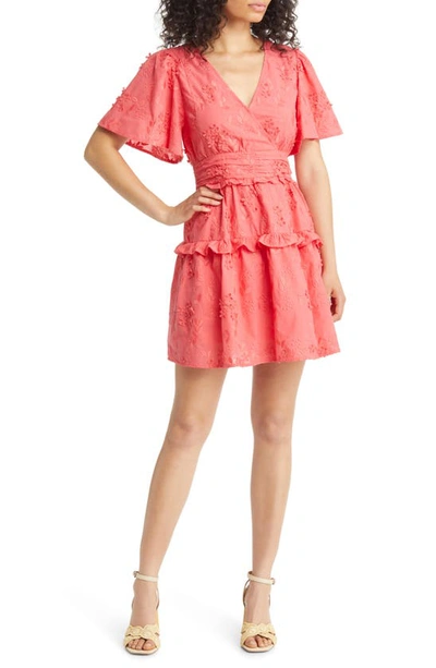 Btfl-life Madie Embroidered Flutter Sleeve Dress In Red