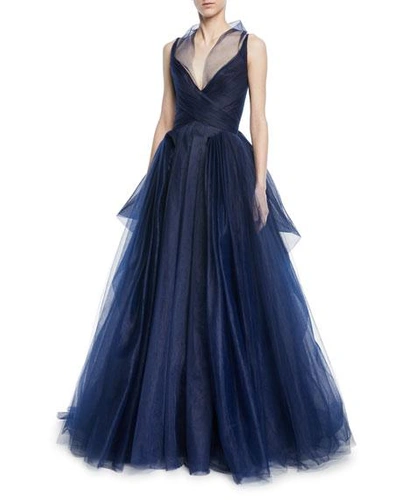 Zac Posen Pleated Tulle Sleeveless Gown W/ Full Skirt In Medium Blue