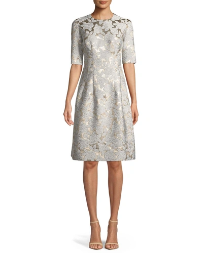 Lela Rose Holly Floral-jacquard Elbow-sleeve A-line Dress In Ivory