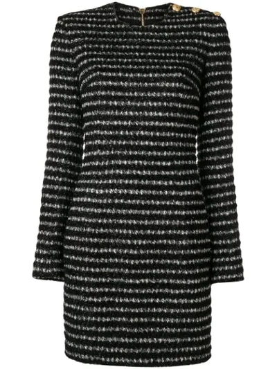 Balmain Long-sleeve Striped Tweed 3-button Shoulder Mini Dress In Black