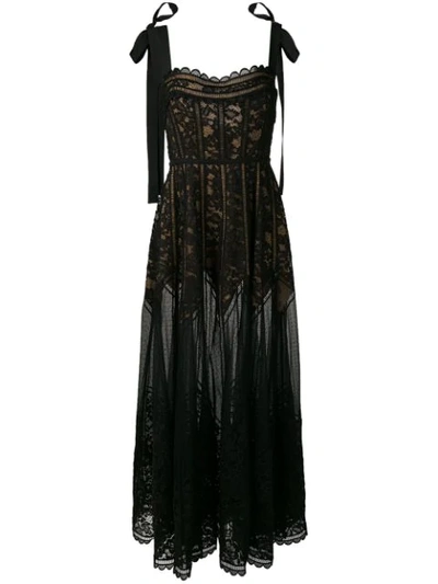 Elie Saab Sweetheart-neck Tie-shoulder Lace And Tulle Dress With Macrame Trim In Black