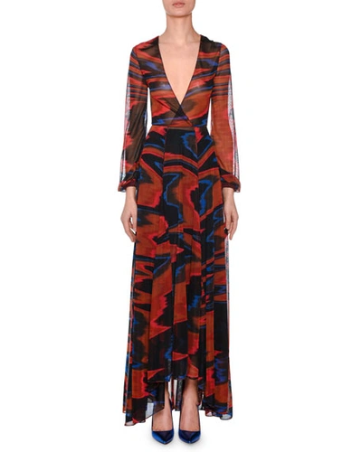Missoni Plunging Long-sleeve Space-dye Long Dress In Red Pattern