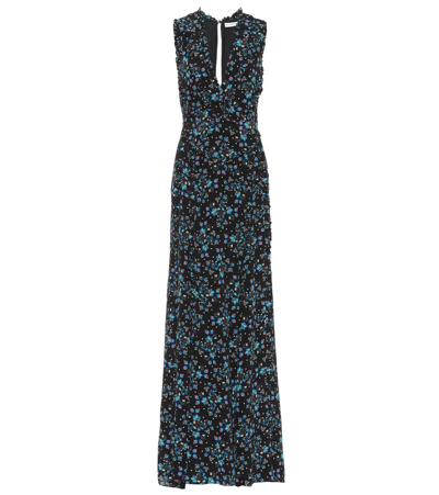 Altuzarra V-neck Sleeveless Vine-print Long Evening Gown W/ Ruffled Trim In Black