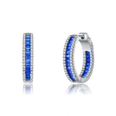 Genevive Sterling Silver With Rhodium Plated Sapphire Baguette Cubic Zirconia Hoop Earrings In Blue