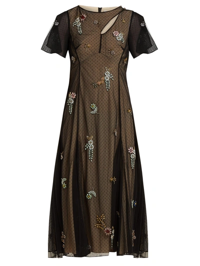Erdem Kathryn Cape-sleeve Beaded-floral Sheer Tulle Dress In Black