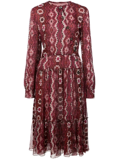 Altuzarra Agadir Asymmetric-button Long-sleeve Kilim-print Silk Dress In Red