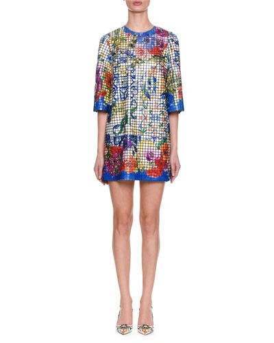 Dolce & Gabbana Short-sleeve Maiolica-tile On Tulle Oversize Tunic Dress In Multi Pattern