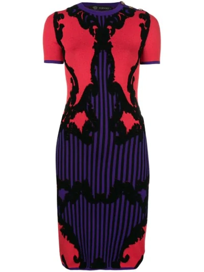 Versace Short-sleeve Fitted Harlequin-intarsia Knit Dress In Red