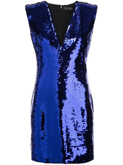 Versace Plunging Sleeveless Sequin Mini Dress In Blue