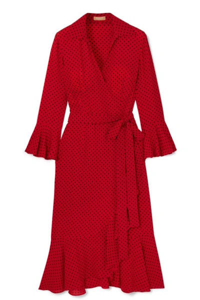 Michael Kors Ruffled Polka-dot Silk-georgette Wrap Dress In Red Black