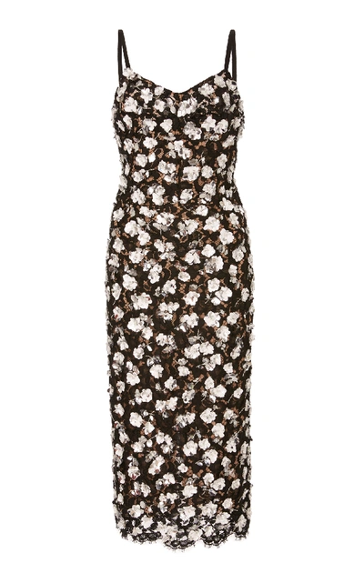 Michael Kors V-neck Sleeveless Floral Lace Guipure Rose-embroidered Slip Midi Dress In Black