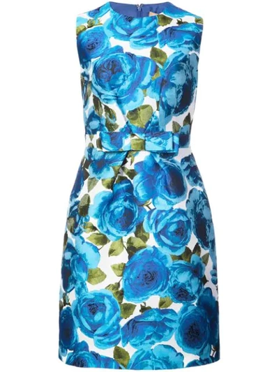 Michael Kors Sleeveless Rose-jacquard Bow-belt A-line Dress In Blue