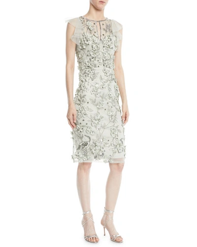 Theia Flutter-sleeve 3d Floral Dress