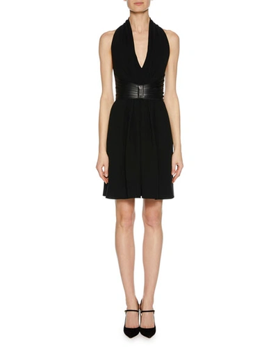 Giorgio Armani Deep-v Halter Sleeveless Silk Dress W/ Leather Harness