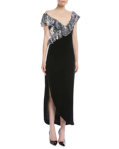 Monique Lhuillier Illusion-neck Sequin-ruffle Tea-length Velvet Cocktail Dress In Black Pattern