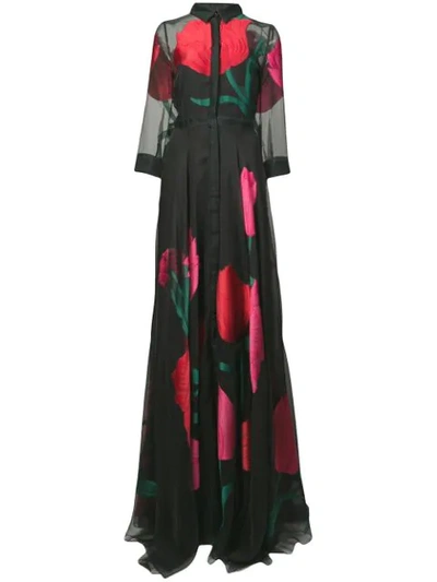 Carolina Herrera Full-sleeve Plunging-v Tulip-print Organza Evening Gown In Black-red