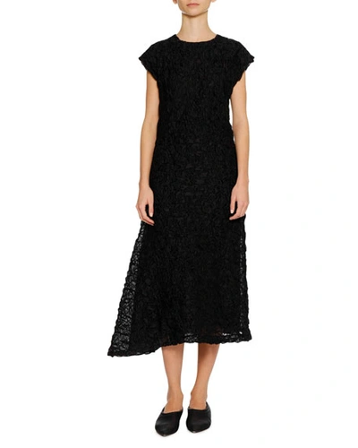 Jil Sander Cap-sleeve Crushed-stitched Texture A-line Midi Cocktail Dress In Navy