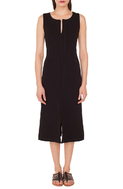 Akris Sleeveless Round-neck A-line Stretch-wool Midi Dress With Topstitching In Black