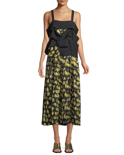 Derek Lam Sleeveless Draped Panel Cami Floral-print Pleated Silk Dress