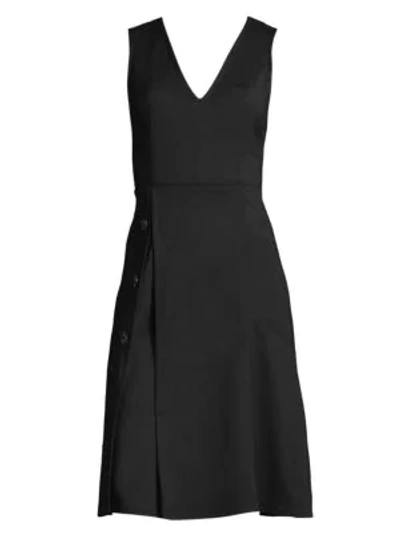 Derek Lam V-neck Sleeveless Fit-and-flare Knee-length Dress W/ Button Detail In Black