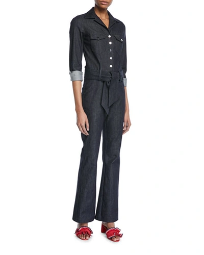 Carolina Ritzler The 73 Long-sleeve Snap-front Belted Denim Jumpsuit