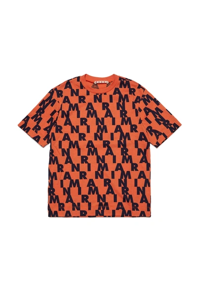 Marni Kids'  Allover Pattern Crew-neck Jersey T-shirt In Orange