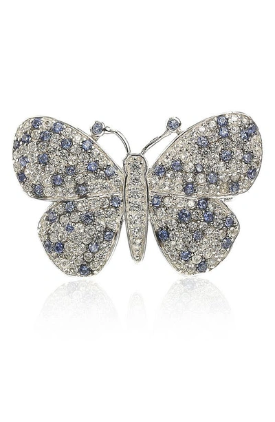 Suzy Levian Sterling Silver Pave Cz Butterfly Pin In Blue