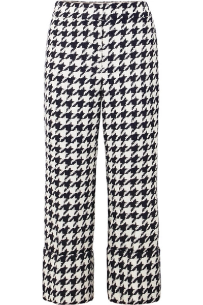 Oscar De La Renta Cropped Houndstooth Wool-blend Tweed Straight-leg Pants In Black